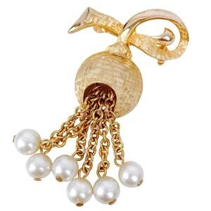 VTG 1960s Gold Tone Bow Brooch with Faux Pearl Tassel Drops Mid Century Jewelry